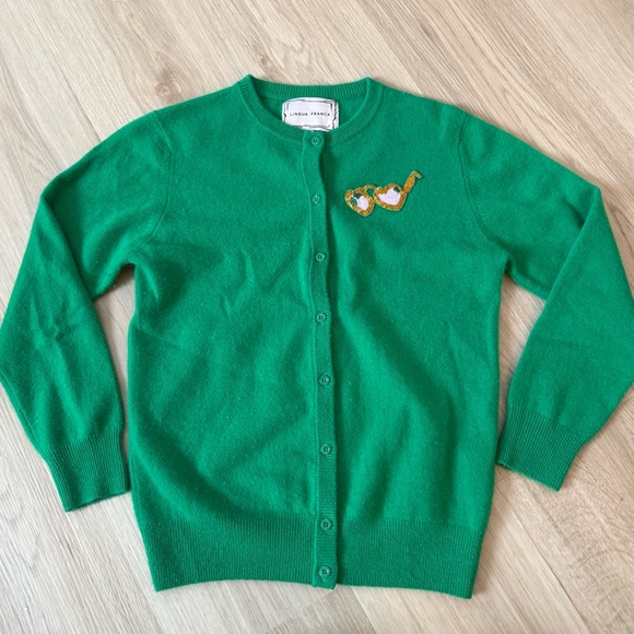 Lingua Franca 100% Cashmere Sz XS Custom Embellished Cardigan Button Up Green